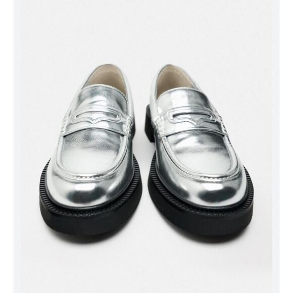 Zara Shoes - Zara Silver Metallic Loafers Platform Chunky Sole Faux Leather Shoes 37 6.5